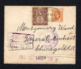 SIERRA LEONE - 1920 - REGISTRATION: Registered cover franked with 1912 1½d orange yellow and 3d purple on yellow GV issue (SG 114a & 116b) tied by oval REGISTERED G.P.O. SIERRA LEONE cancel dated 13 FE 1920 with boxed 'FREETOWN' registration handstamp alongside. Addressed to USA with transit and arrival marks on front & reverse.  (SIE/43216)