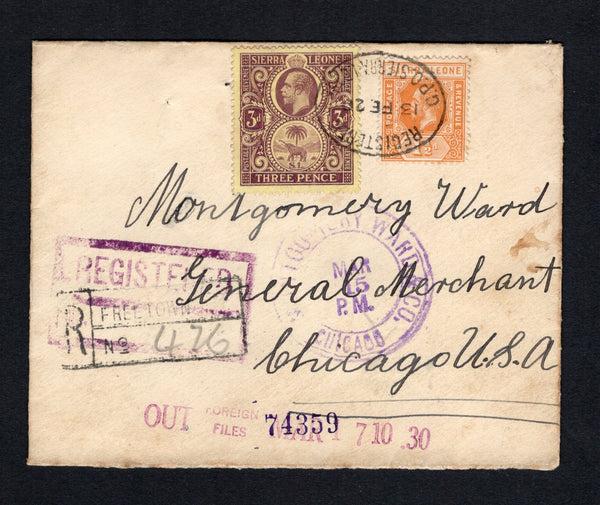 SIERRA LEONE - 1920 - REGISTRATION: Registered cover franked with 1912 1½d orange yellow and 3d purple on yellow GV issue (SG 114a & 116b) tied by oval REGISTERED G.P.O. SIERRA LEONE cancel dated 13 FE 1920 with boxed 'FREETOWN' registration handstamp alongside. Addressed to USA with transit and arrival marks on front & reverse.  (SIE/43216)