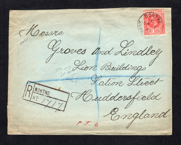 SIERRA LEONE - 1923 - REGISTRATION & CANCELLATION: Registered cover franked with 1912 1d rose red GV issue on front and 2 x 1d rose red and 2d greyish slate on reverse (SG 113b & 115) tied by BONTHE cds's dated SP 3 1923 with fine strike of boxed 'BONTHE' registration handstamp on front. Addressed to UK with transit & arrival marks on reverse.  (SIE/43217)