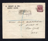 SIERRA LEONE - 1928 - REGISTRATION: Registered cover franked with 1912 6d dull & bright purple GV issue (SG 119) tied by oval REGISTERED G.P.O. SIERRA LEONE cancel dated 11 AP 1928 with boxed 'FREETOWN' registration handstamp alongside. Addressed to USA with transit and arrival marks on reverse.  (SIE/43218)