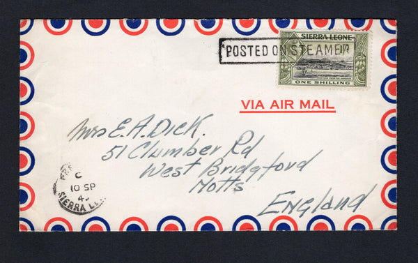 SIERRA LEONE - 1945 - GVI ISSUE & MARITIME: Airmail cover franked with single 1938 1/- black & olive green GVI issue (SG 196) tied by fine strike of boxed 'POSTED ON STEAMER' marking in black with FREETOWN cds dated 10 SP 1945 alongside. Addressed to UK.  (SIE/43224)