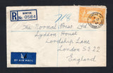SIERRA LEONE - 1952 - REGISTRATION & CANCELLATION: Registered cover franked with single 1938 1/3 yellow orange GVI issue (SG 196a) tied by fine BONTHE cds dated 10 SP 1952 with printed blue on white 'BONTHE' formular registration label alongside. Sent airmail to UK with arrival mark on reverse.  (SIE/43225)