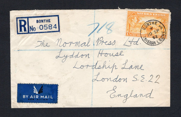 SIERRA LEONE - 1952 - REGISTRATION & CANCELLATION: Registered cover franked with single 1938 1/3 yellow orange GVI issue (SG 196a) tied by fine BONTHE cds dated 10 SP 1952 with printed blue on white 'BONTHE' formular registration label alongside. Sent airmail to UK with arrival mark on reverse.  (SIE/43225)