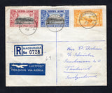 SIERRA LEONE - 1955 - REGISTRATION & CANCELLATION: Registered cover franked with 1938 1d black & lake, 3d black & ultramarine and 1/3 yellow orange GVI issue (SG 189, 192 & 196a) tied by three fine strikes of MAGBURAKA cds dated 22 JY 1955 with printed blue on white 'MAGBURAKA' formular registration label alongside. Sent airmail to SWITZERLAND with transit & arrival marks on reverse.  (SIE/43226)