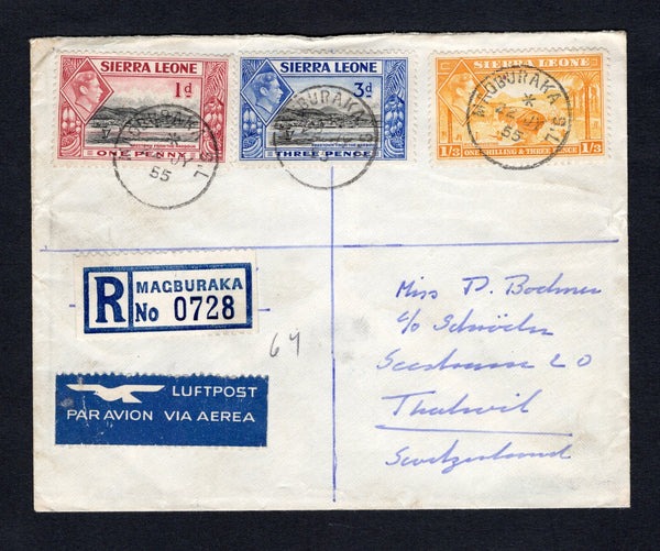 SIERRA LEONE - 1955 - REGISTRATION & CANCELLATION: Registered cover franked with 1938 1d black & lake, 3d black & ultramarine and 1/3 yellow orange GVI issue (SG 189, 192 & 196a) tied by three fine strikes of MAGBURAKA cds dated 22 JY 1955 with printed blue on white 'MAGBURAKA' formular registration label alongside. Sent airmail to SWITZERLAND with transit & arrival marks on reverse.  (SIE/43226)
