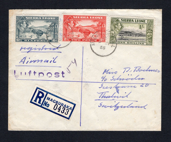 SIERRA LEONE - 1955 - REGISTRATION & CANCELLATION: Registered cover franked with 1938 2d scarlet, 6d grey and 1/- black & olive green GVI issue (SG 191a & 195/196) tied by MAGBURAKA cds's dated 9 JY 1955 with printed blue on white 'MAGBURAKA' formular registration label alongside. Sent airmail to SWITZERLAND with transit & arrival marks on reverse.  (SIE/43227)