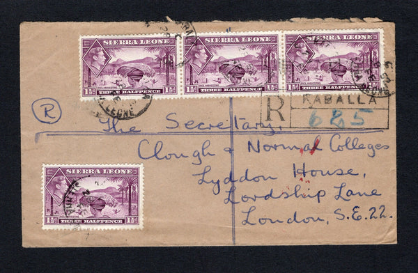 SIERRA LEONE - 1952 - REGISTRATION & CANCELLATION: Cover franked with strip of three and single 1938 1½d mauve GVI issue (SG 190a) tied by KABALLA cds's dated 8 FE 1952 with boxed 'KABALLA' registration handstamp on front. Addressed to UK with transit & arrival marks on reverse.  (SIE/43228)