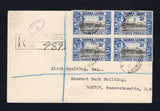 SIERRA LEONE - 1941 - CENSORED MAIL & REGISTRATION: Registered cover franked with block of four 1938 3d black & ultramarine GVI issue (SG 192) tied by oval REGISTERED G.P.O. SIERRA LEONE cancels dated 18 OC 1941 with fine strike of small oval 'CENSOR 2.' marking in purple on front. Addressed to USA with transit and arrival marks on reverse.  (SIE/43229)