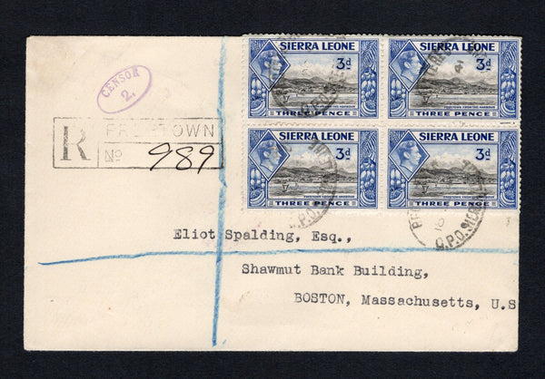 SIERRA LEONE - 1941 - CENSORED MAIL & REGISTRATION: Registered cover franked with block of four 1938 3d black & ultramarine GVI issue (SG 192) tied by oval REGISTERED G.P.O. SIERRA LEONE cancels dated 18 OC 1941 with fine strike of small oval 'CENSOR 2.' marking in purple on front. Addressed to USA with transit and arrival marks on reverse.  (SIE/43229)