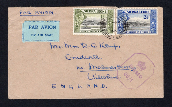 SIERRA LEONE - 1943 - CENSORED MAIL: Cover franked with 1938 3d black & ultramarine and 1/- black & olive green GVI issue (SG 192 & 196) tied by FREETOWN cds dated 6 JA 1943 with fine strike of octagonal Crown 'PASSED QQ/1' censor mark in purple on front. Sent airmail to UK with nice blue on light blue airmail label at top.  (SIE/43230)