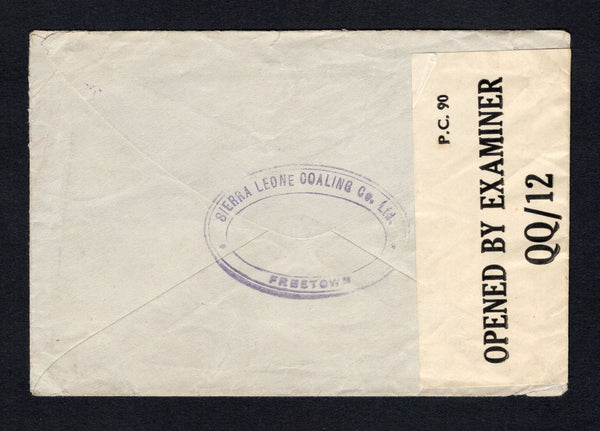 SIERRA LEONE - 1944 - CENSORED MAIL: Cover franked with 1938 2 x 1/- black & olive green and 2/- black & sepia GVI issue (SG 196/7) tied by FREETOWN cds's dated 15 MY 1944 with printed black on white 'OPENED BY EXAMINER QQ/12' PC90 censor strip at left. Addressed to USA.  (SIE/43231)