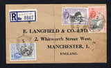 SIERRA LEONE - 1960 - REGISTRATION & CANCELLATION: Registered cover franked with 1956 3d black & bright blue, 6d black & violet and 1/- black & scarlet QE2 issue (SG 214 & 216/217) tied by oval REGISTERED G.P.O. SIERRA LEONE cancels dated 27 AU 1960 with printed blue on white formular registration label with 'MARENI' added in manuscript alongside. Sent airmail to UK with transit marks on reverse.  (SIE/43232)