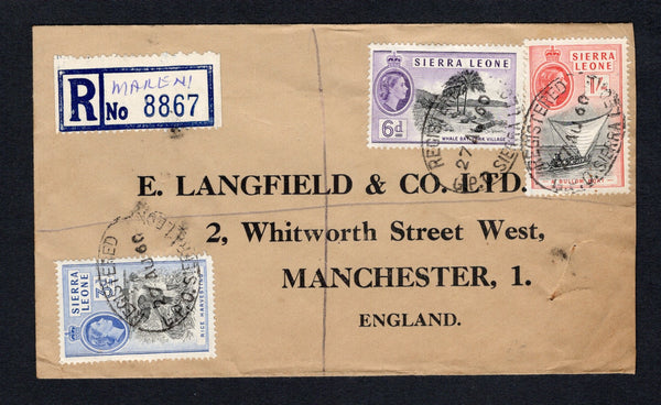 SIERRA LEONE - 1960 - REGISTRATION & CANCELLATION: Registered cover franked with 1956 3d black & bright blue, 6d black & violet and 1/- black & scarlet QE2 issue (SG 214 & 216/217) tied by oval REGISTERED G.P.O. SIERRA LEONE cancels dated 27 AU 1960 with printed blue on white formular registration label with 'MARENI' added in manuscript alongside. Sent airmail to UK with transit marks on reverse.  (SIE/43232)