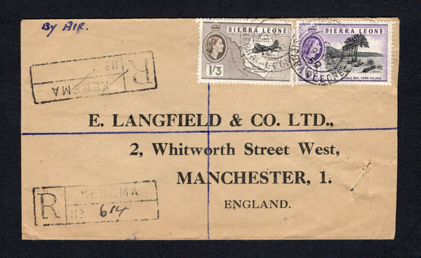 SIERRA LEONE - 1959 - REGISTRATION & CANCELLATION: Registered cover franked with 1956 6d black & violet and 1/3 black & sepia QE2 issue (SG 216 & 218) tied by KENEMA cds's dated 19 OC 1959 with additional strikes on reverse and two strikes of boxed 'KENEMA' registration handstamp on front. Addressed to UK with transit mark on reverse.  (SIE/43233)