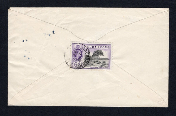 SIERRA LEONE - 1960 - CANCELLATION: Cover franked on reverse with single 1956 6d black & violet QE2 issue (SG 216) tied by fine strike of MAGBURAKA cds dated 1 NO 1957. Sent airmail to UK with blue airmail label on front.  (SIE/43236)