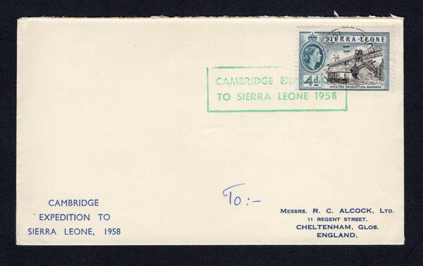 SIERRA LEONE - 1958 - EXPEDITION MAIL: Printed 'Cambridge Expedition to Sierra Leone 1958' envelope franked with single 1956 4d black & slate blue QE2 issue (SG 215) tied by MOUNT AUREOL cds dated SP 11 1958 with boxed 'CAMBRIDGE EXPEDITION TO SIERRA LEONE 1958' cachet in green also tying stamp. Addressed to UK.  (SIE/43237)