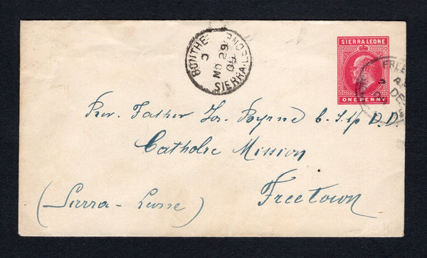 SIERRA LEONE - 1909 - CANCELLATION: 1d carmine EVII postal stationery envelope (H&G B3) used with BONTHE cds dated NO 29 1909 struck away from the stamp imprint. Addressed to FREETOWN with FREETOWN arrival cds dated 2 DE cancelling the stamp imprint.  (SIE/43238)