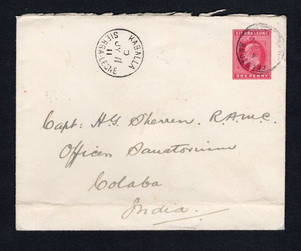 SIERRA LEONE - 1909 - CANCELLATION & DESTINATION: 1d carmine EVII postal stationery envelope (H&G B3a) used with fine KABALLA cds dated JY 11 1911 struck away from the stamp imprint. Addressed to INDIA with FREETOWN transit cds cancelling the stamp imprint and SEA POST OFFICE C BOMBAY-ADEN transit cds on reverse. Very scarce.  (SIE/43239)