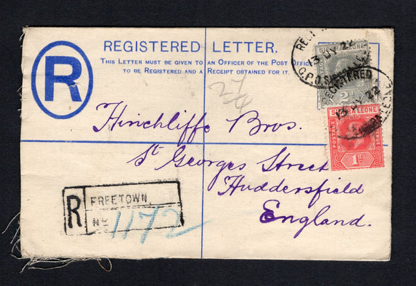 SIERRA LEONE - 1922 - POSTAL STATIONERY & REGISTRATION: 2d blue on white GV postal stationery registered envelope (H&G C3) used with added 1912 1d scarlet and 2d greyish slate GV issue (SG 113a & 115) tied by oval REGISTERED G.P.O. SIERRA LEONE cancels dated 13 JY 1922 with boxed 'FREETOWN' registration handstamp on front. Addressed to UK with transit and arrival marks on reverse.  (SIE/43240)