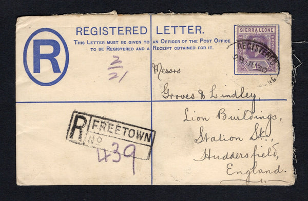 SIERRA LEONE - 1930 - POSTAL STATIONERY & REGISTRATION: 3d brown on cream GV postal stationery registered envelope (H&G C4) used with added 2 x 1921 1d bright violet  GV issue (SG 132) one on front & one on reverse tied by oval REGISTERED G.P.O. SIERRA LEONE cancels dated 28 JUN 1930 with boxed 'FREETOWN' registration handstamp on front. Addressed to UK with arrival mark on reverse.  (SIE/43241)
