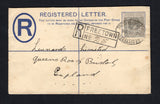 SIERRA LEONE - 1926 - POSTAL STATIONERY & REGISTRATION: 3d brown on cream GV postal stationery registered envelope (H&G C4) used with added 1921 2d grey GV issue (SG 134) tied by oval REGISTERED G.P.O. SIERRA LEONE cancel dated 12 OC 1926 with boxed 'FREETOWN' registration handstamp on front. Addressed to UK with arrival mark on reverse.  (SIE/43242)