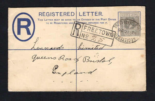 SIERRA LEONE - 1926 - POSTAL STATIONERY & REGISTRATION: 3d brown on cream GV postal stationery registered envelope (H&G C4) used with added 1921 2d grey GV issue (SG 134) tied by oval REGISTERED G.P.O. SIERRA LEONE cancel dated 12 OC 1926 with boxed 'FREETOWN' registration handstamp on front. Addressed to UK with arrival mark on reverse.  (SIE/43242)