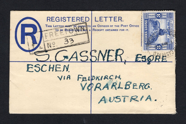 SIERRA LEONE - 1934 - POSTAL STATIONERY, REGISTRATION & WILBERFORCE ISSUE: 3d brown on cream GV postal stationery registered envelope (H&G C4) used with added 1933 3d blue 'Centenary of the Abolition of Slavery and Death of William Wilberforce' issue (SG 172) tied by oval REGISTERED G.P.O. SIERRA LEONE cancel dated 1 MY 1934 with boxed 'FREETOWN' registration handstamp on front. Addressed to AUSTRIA with arrival mark on reverse. An uncommon issue used on cover.  (SIE/43243)
