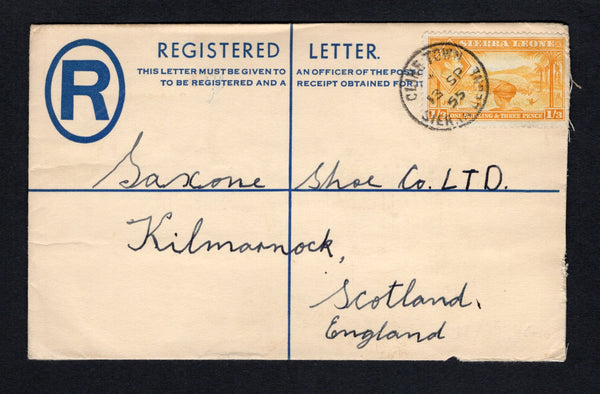 SIERRA LEONE - 1955 - POSTAL STATIONERY & REGISTRATION: 4d brown on cream QE2 postal stationery registered envelope (H&G C6) used with added 1938 1/3 orange yellow GVI issue (SG 196a) tied by CLINE TOWN cds dated 13 SP 1955. Addressed to UK with transit mark on reverse.  (SIE/43244)