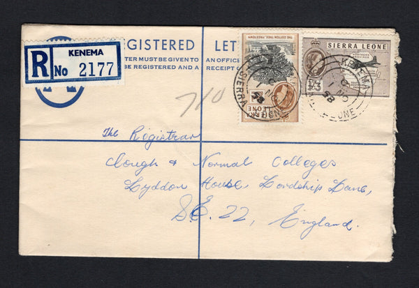 SIERRA LEONE - 1958 - POSTAL STATIONERY, REGISTRATION & CANCELLATION: 4d brown on cream QE2 postal stationery registered envelope (H&G C6) used with added 1956 2d black & brown and 1/3 black & sepia QE2 issue (SG 213 & 218) tied by KENEMA cds's dated 1 NO 1958 with printed blue on white 'KENEMA' formular registration label alongside. Addressed to UK with transit mark on reverse.  (SIE/43245)
