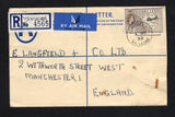 SIERRA LEONE - 1959 - POSTAL STATIONERY, REGISTRATION & CANCELLATION: 6d brown on cream QE2 postal stationery registered envelope (H&G C7) used with added 1956 1/3 black & sepia QE2 issue (SG 218) tied by YENGEMA cds dated 1 OC 1959 with printed blue on white formular registration label with 'YENGEMA' added in manuscript alongside. Addressed to UK with transit mark on reverse.  (SIE/43246)