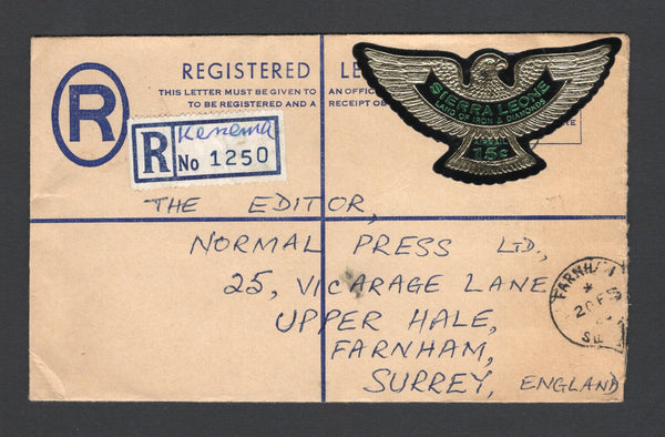 SIERRA LEONE - 1968 - BIRD THEMATIC & SELF ADHESIVE ISSUES: 18c brown postal stationery registered envelope (H&G Unlisted) used with added 1967 15c green & gold on black 'Eagle' SELF ADHESIVE issue (SG 434) tied by KENEMA cds dated 15 FE 1968 with additional strikes on reverse and plain blue & white registration label with 'KENEMA' added in manuscript on front. Addressed to UK with transit & arrival marks on front & reverse. A scarce issue genuinely used on cover.  (SIE/43262)