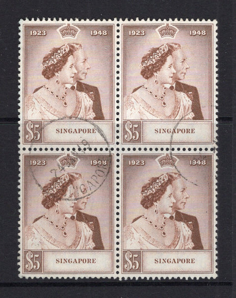 SINGAPORE - 1948 - GVI ISSUE & MULTIPLE: $5 brown GVI 'Silver Wedding' issue, a superb cds used block of four. (SG 32)  (SIN/31386)