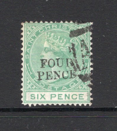 SAINT KITTS & NEVIS - SAINT CHRISTOPHER - 1882 - PROVISIONAL ISSUE: 'FOUR PENCE' on 6d green QV 'Provisional' SURCHARGE issue with 'Full Stop after Pence', a fine lightly used copy. (SG 22a)  (STK/15641)