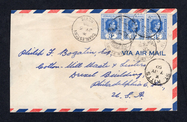 SAINT KITTS & NEVIS - 1950 - CANCELLATION: Airmail cover franked with strip of three Leeward Islands 1938 3d bright blue GVI issue (SG 108) tied by two strikes of OFFICIAL PAID NEVIS cds dated 6 JUL 1950 with various other CHARLESTOWN NEVIS and NEVIS cds's also cancelling stamps. Addressed to USA with ST KITTS transit cds on front. A scarce cancel on cover.  (STK/2262)
