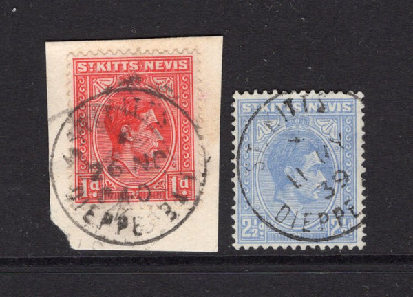 SAINT KITTS & NEVIS - 1938 - CANCELLATION: 1d scarlet and 2½d ultramarine GVI issue, both individually used with good strikes of ST KITTS DIEPPE BAY cds's 26 NOV 1940 and 11 MAY 1939 respectively. (SG 69 & 72)  (STK/32709)