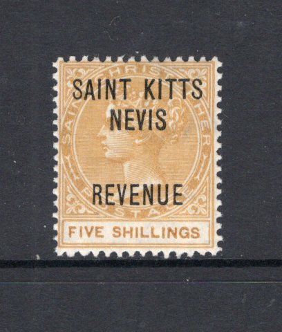 SAINT KITTS & NEVIS - 1885 - REVENUE ISSUE: 5/- yellow brown QV issue inscribed 'POSTAGE' with 'SAINT KITTS NEVIS REVENUE' overprint, a fine mint copy. Very scarce. (Barefoot #5)  (STK/41953)