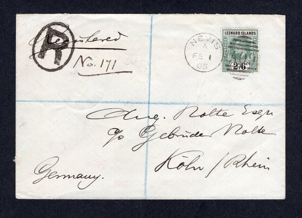 SAINT KITTS & NEVIS - 1905 - REGISTRATION: Registered cover franked with single Leeward Islands 1902 2/6 green & black EVII issue (SG 27) tied by fine NEVIS 'A09' duplex cancel dated FEB 1 1905 with large oval 'R' marking alongside. Addressed to GERMANY with transit & arrival marks on reverse. A superb item and a very scarce stamp used on cover.  (STK/42046)