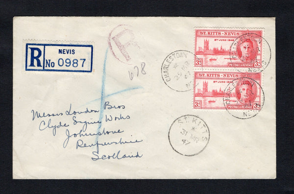 SAINT KITTS & NEVIS - 1947 - CANCELLATION & REGISTRATION: Commercial registered cover franked with pair19463d carmine GVI 'Victory' issue (SG 79) tied by three strike of CHARLESTOWN NEVIS cd dated 29 MAR 1947 with printed blue on white 'NEVIS' Formular registration label alongside. Addressed to UK with ST. KITTS transit cds on front.  (STK/42284)