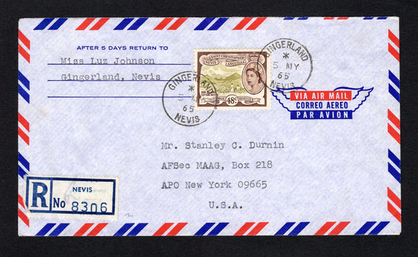 SAINT KITTS & NEVIS - 1965 - CANCELLATION & REGISTRATION: Airmail cover franked with single 1954 48c olive bistre & chocolate QE2 issue (SG 115) tied by two fine strikes of GINGERLAND NEVIS cds dated 5 MAY 1965 with printed blue on white 'NEVIS' Formular registration label alongside. Addressed to USA with CHARLESTOWN and G.P.O. ST. KITTS transit cds's and USA arrival cds on reverse.  (STK/42285)