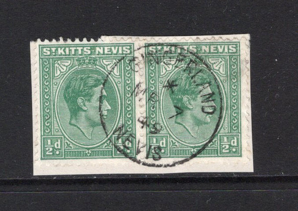 SAINT KITTS & NEVIS - 1938 - CANCELLATION: 1½d green GVI issue, a fine pair on piece used with complete strike of GINGERLAND NEVIS cds dated MAY 7 1949. (SG 68)  (STK/42481)