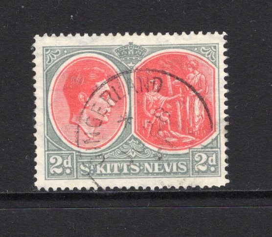 SAINT KITTS & NEVIS - 1938 - CANCELLATION: 2d scarlet & pale grey GVI issue, perf 14 on ordinary paper used with complete strike of GINGERLAND NEVIS cds dated JU 28 1951. (SG 71b)  (STK/42482)