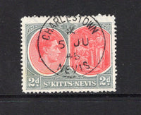 SAINT KITTS & NEVIS - 1938 - CANCELLATION: 2d scarlet & pale grey GVI issue, perf 14 on ordinary paper used with complete strike of CHARLESTOWN NEVIS cds dated 5 JU 1945. (SG 71b)  (STK/42488)