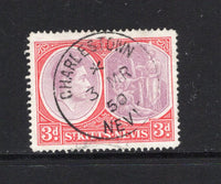 SAINT KITTS & NEVIS - 1938 - CANCELLATION: 3d dull reddish purple & carmine red GVI issue, perf 14 on chalk surfaced paper used with complete strike of CHARLESTOWN NEVIS cds dated 3 MR 1950. (SG 73b)  (STK/42489)