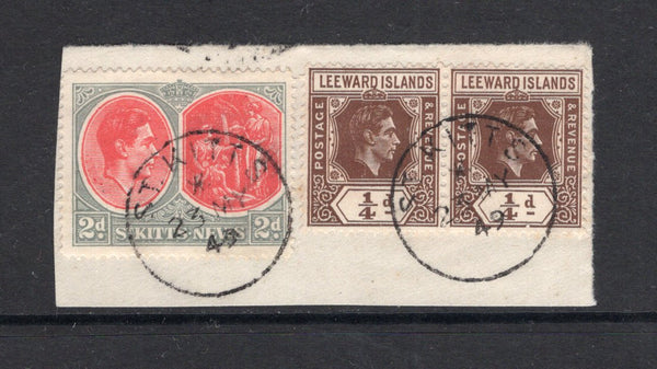 SAINT KITTS & NEVIS - 1949 - COMBINATION: Piece with Leeward Islands 1938 pair ¼d brown GVI issue and St Kitts & Nevis 1938 2d scarlet & pale grey GVI issue all tied by two strikes of ST KITTS cds dated 23 MY 1949. (SG 95 & 71b)  (STK/6532)