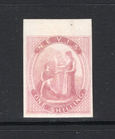 SAINT KITTS & NEVIS - NEVIS - 1862 - PROOF: 1/- pale rose 'Nissen & Parker' issue, a fine IMPERF PLATE PROOF on thick card in unissued colour. (As SG 8)  (STK/6671)