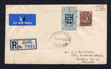 SAINT LUCIA - 1950 - REGISTRATION: Registered cover franked with 1949 16c brown and 24c light blue GVI issue (SG 154 & 155) tied by oval REGISTERED CASTRIES cancel with printed blue & white 'ST. LUCIA (CASTRIES)' registration label alongside. Sent airmail to UK with TRINIDAD transit cds on reverse.  (STL/22228)