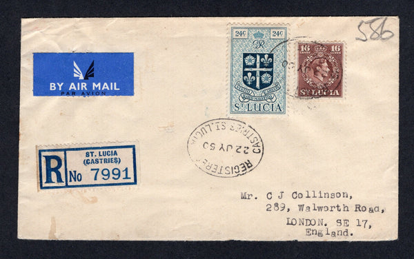 SAINT LUCIA - 1950 - REGISTRATION: Registered cover franked with 1949 16c brown and 24c light blue GVI issue (SG 154 & 155) tied by oval REGISTERED CASTRIES cancel with printed blue & white 'ST. LUCIA (CASTRIES)' registration label alongside. Sent airmail to UK with TRINIDAD transit cds on reverse.  (STL/22228)