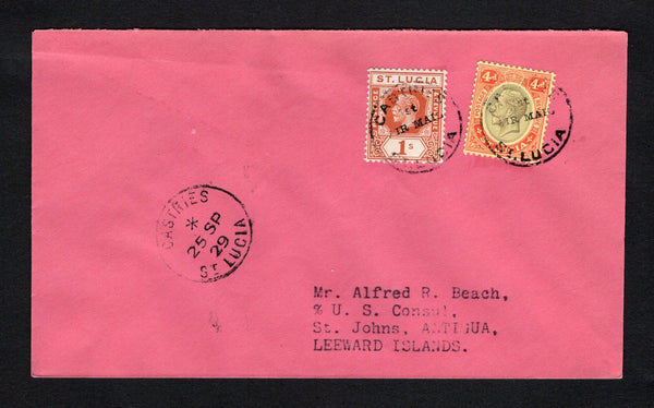 SAINT LUCIA - 1929 - FIRST FLIGHT: Cover franked 1921 4d black & red on yellow & 1/- orange brown GV issue (SG 101 & 103) tied by CASTRIES 1st AIR MAIL ST LUCIA circular cancels with CASTRIES cds dated 25 Sept 1929 alongside. Flown on the St Lucia - St. John's, Antigua first flight. Addressed to the US Consul in ST JOHN'S, ANTIGUA with arrival cds on reverse. (Muller #4, only 251 covers were carried)  (STL/42320)