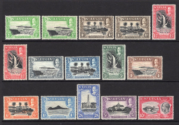 SAINT LUCIA - 1936 - GV ISSUE: GV 'Pictorial' issue the set of twelve plus the ½d black & bright green perf 13 x 12, 1d black & brown perf 13 x 12 and 1½d black & scarlet perf 12 x 13, all fine mint. (SG 113/124, 113a, 114a & 115a)  (STL/4376)