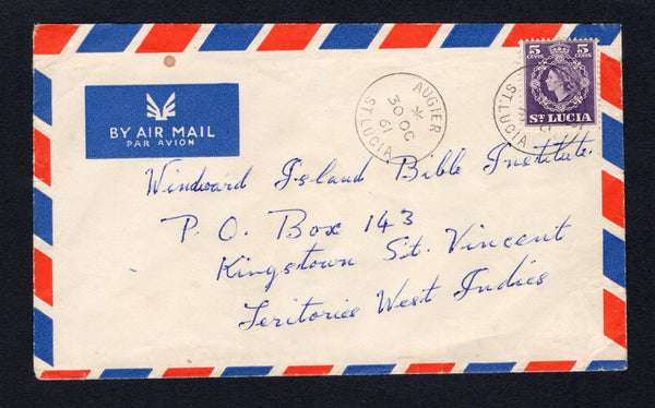 SAINT LUCIA - 1961 - CANCELLATION: Airmail cover franked with single 1953 5c violet QE2 issue (SG 176) tied by AUGIER cds dated 30 OC 1961 with fine second strike alongside. Addressed to ST. VINCENT.  (STL43911)